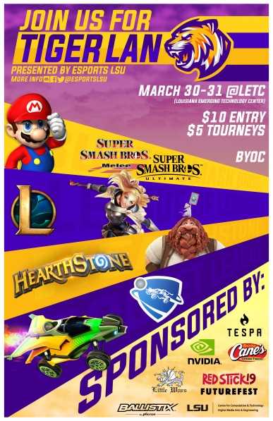 Poster for TigerLan eSports tournament at LSU on March 30th and 31st, 2019